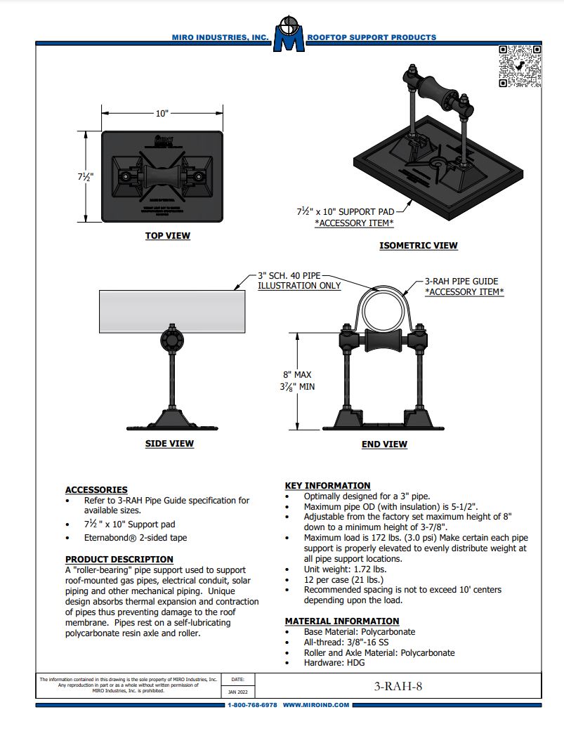 3-RAH-8 Rooftop Pipe Support with Roller