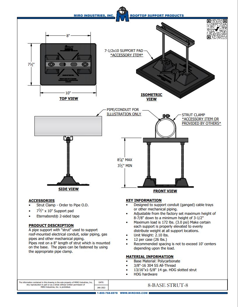 8-Base Strut-8 (8-BS-8) Rooftop Strut Support for Conduit and other piping