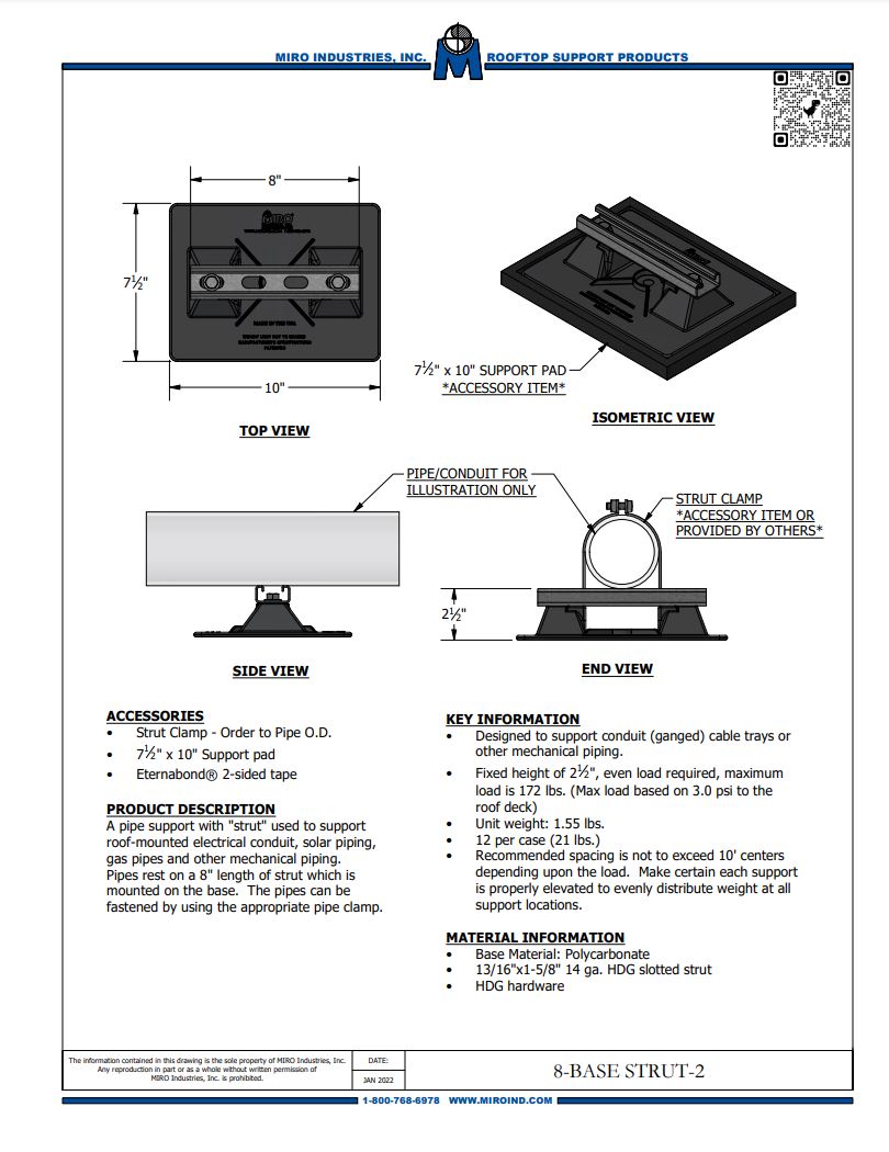 8-Base Strut-2 (8-BS-2) Rooftop Strut Support for Conduit and other piping