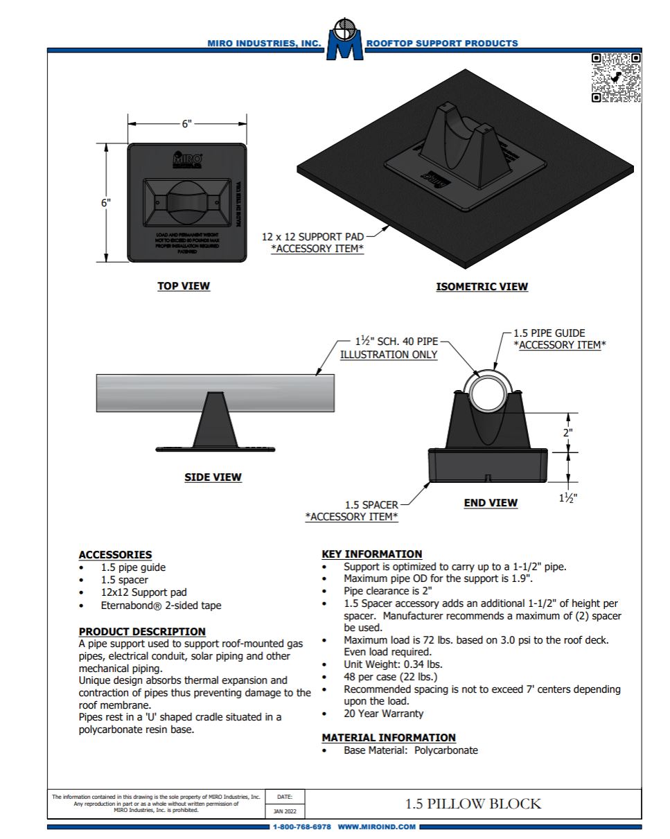 MIRO 1.5 Pillow Block Rooftop Pipe Support