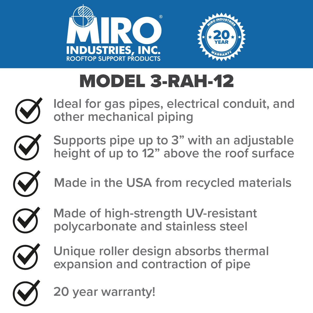 3-RAH-12 Rooftop Pipe Support with Roller